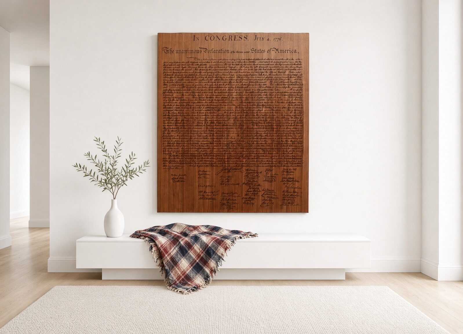 The Declaration of Independence carved in walnut, hanging above a low white bench with a red, white and blue plaid throw in a bright, minimal room
